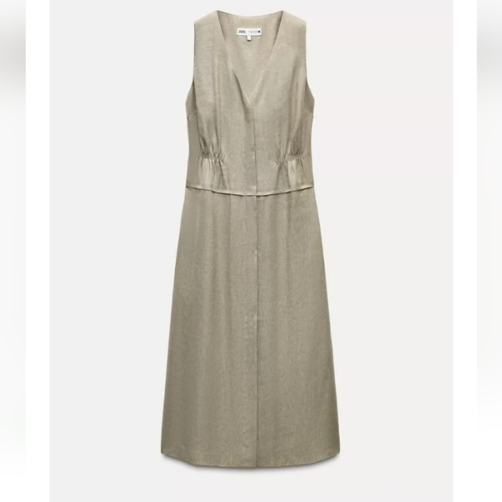 Zara ZW Collection Linen Sleeveless Elastic Waistline Midi Dress Sz-L